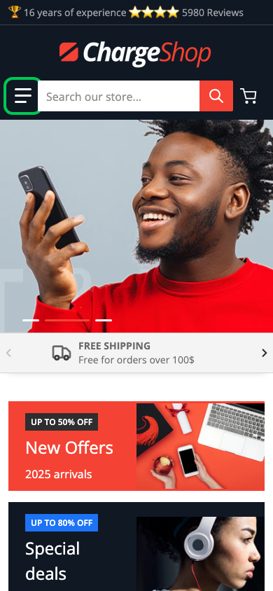 Hamburger → panel opened — Navi+ on the Charge Shopify theme