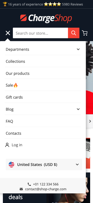 Hamburger → panel opened — Navi+ on the Charge Shopify theme