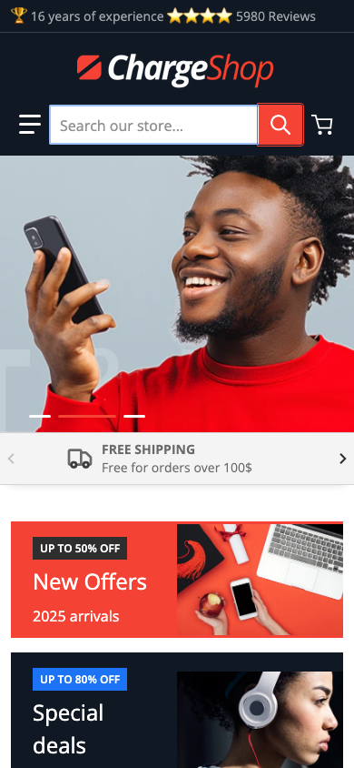 Search → panel opened — Navi+ on the Charge Shopify theme