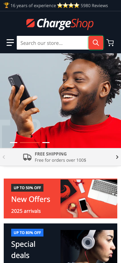 Search → panel opened — Navi+ on the Charge Shopify theme