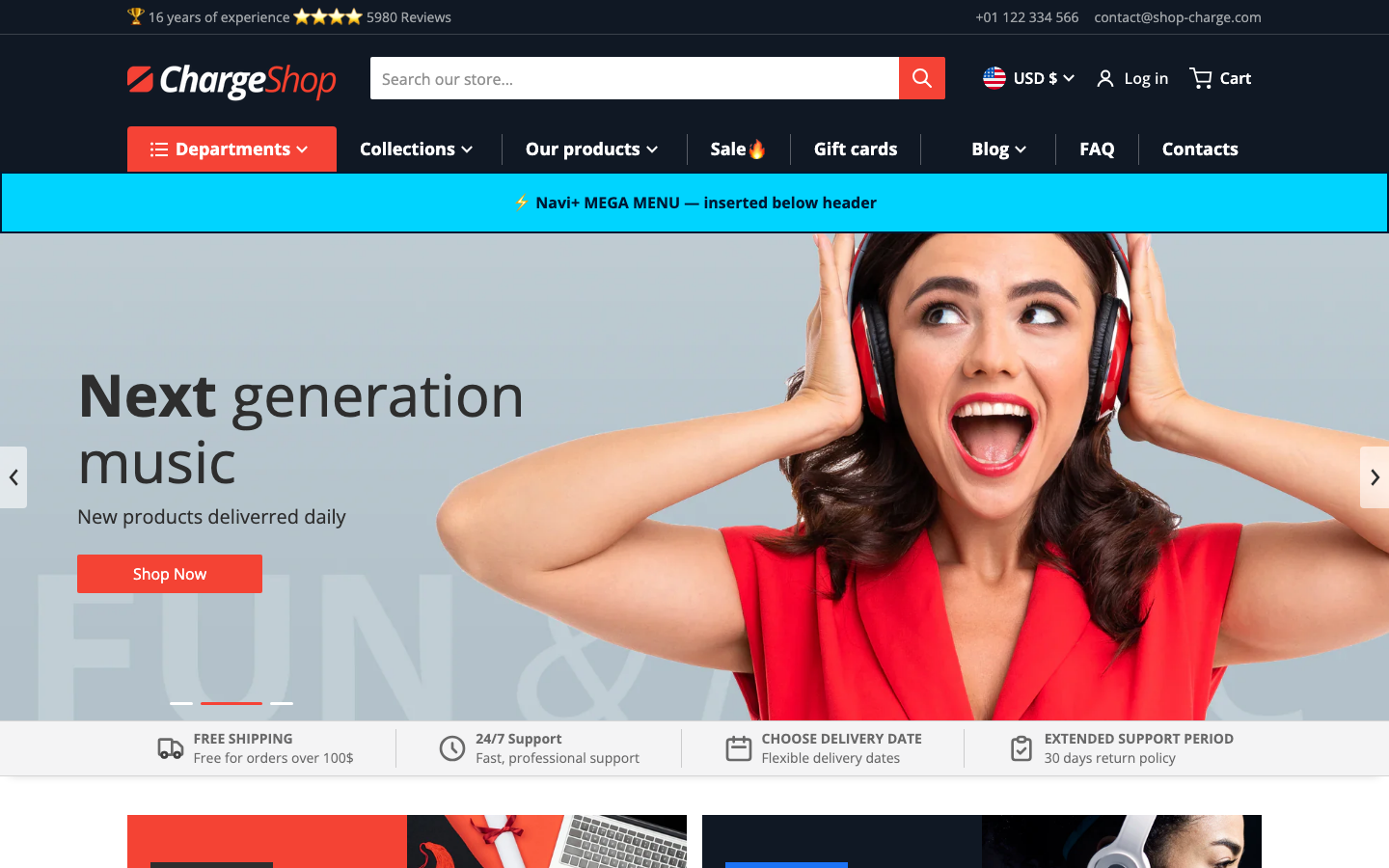 Menu inserted below header — Navi+ on the Charge Shopify theme