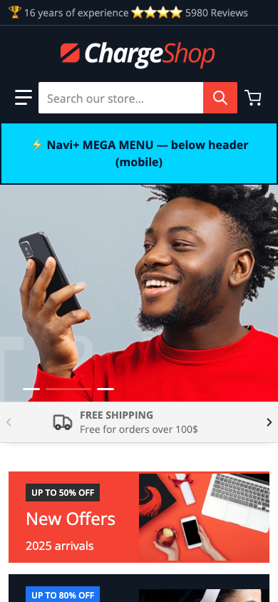 Menu inserted below header — Navi+ on the Charge Shopify theme
