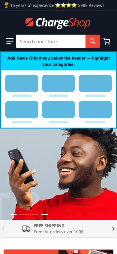 Navi+ Grid Menu on the Charge Shopify theme Navi+ Grid Menu on the Charge Shopify theme