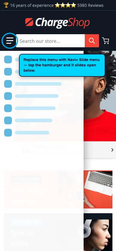 Navi+ Slide Menu on the Charge Shopify theme Navi+ Slide Menu on the Charge Shopify theme