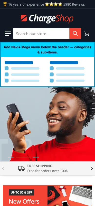 Navi+ mobile Mega Menu on the Charge Shopify theme Navi+ mobile Mega Menu on the Charge Shopify theme