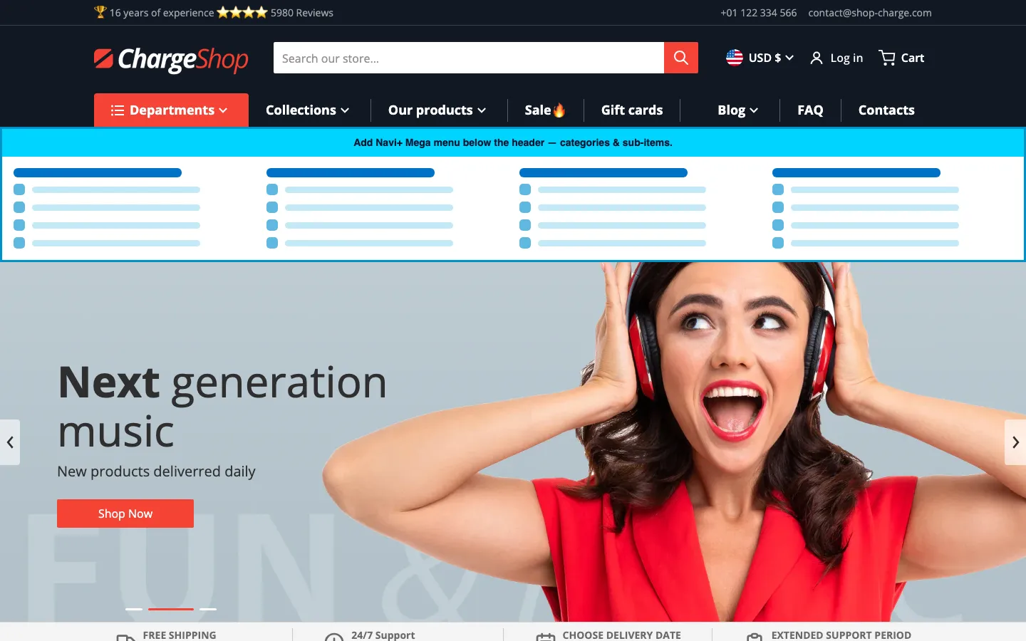 Navi+ Mega Menu inserted below the header on the Charge Shopify theme Navi+ Mega Menu inserted below the header on the Charge Shopify theme