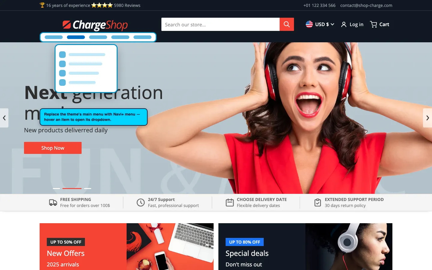 Navi+ Mega Menu replacing the desktop menu on the Charge Shopify theme