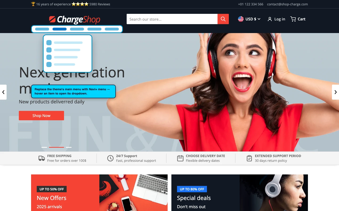 Navi+ Mega Menu replacing the desktop menu on the Charge Shopify theme Navi+ Mega Menu replacing the desktop menu on the Charge Shopify theme