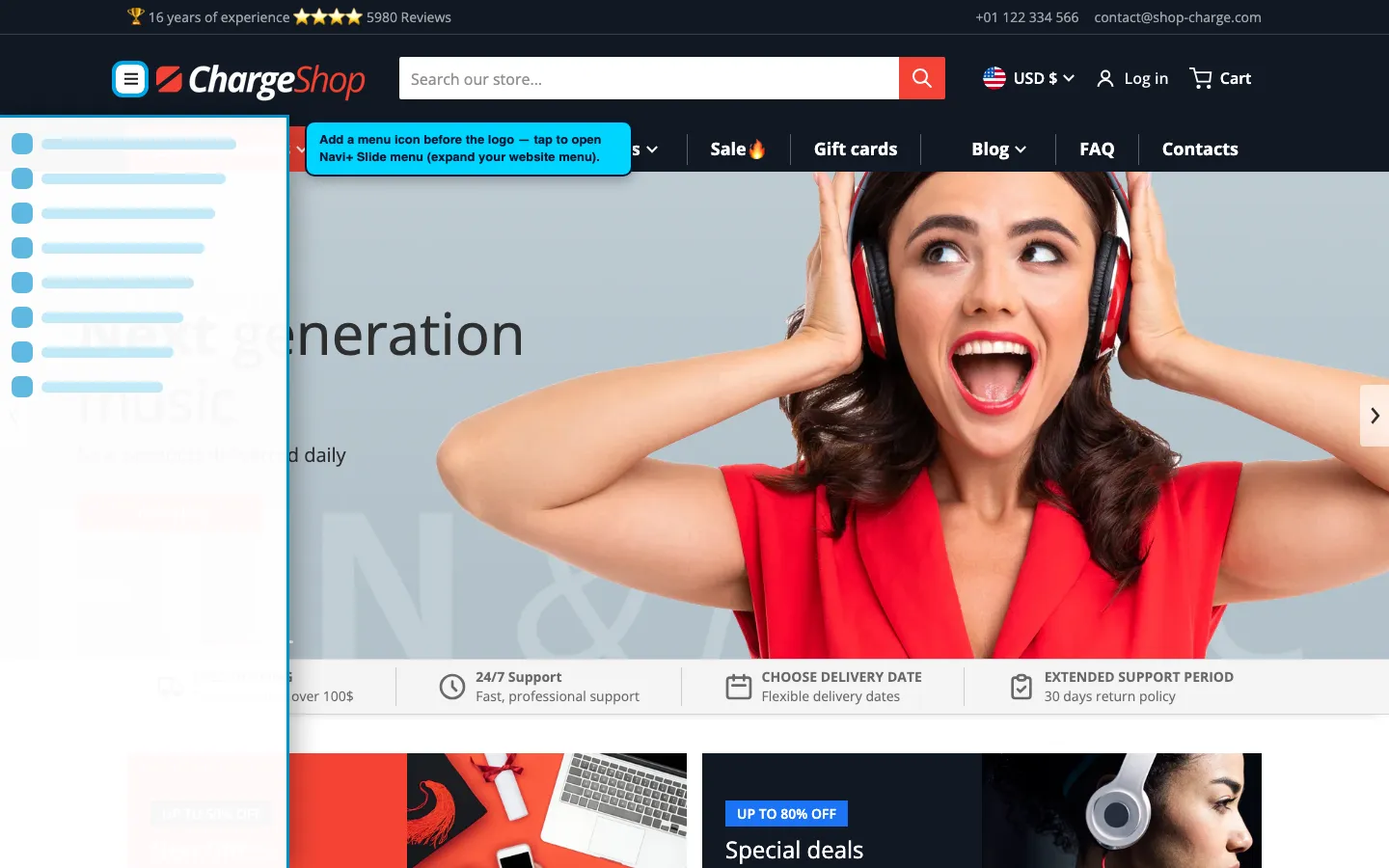 Navi+ trigger icon before the logo on the Charge Shopify theme Navi+ trigger icon before the logo on the Charge Shopify theme