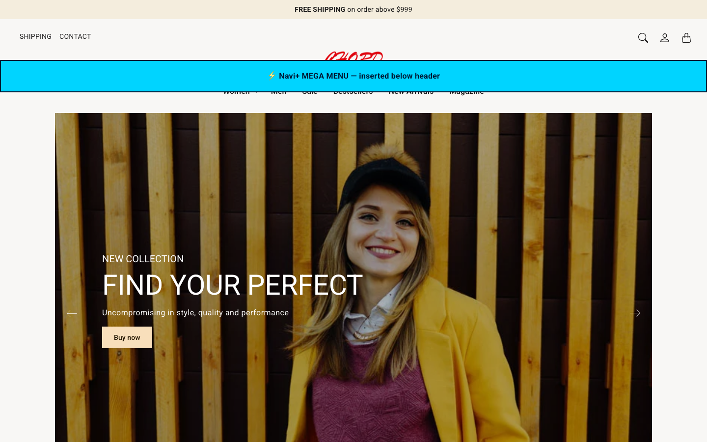 Menu inserted below header — Navi+ on the Chord Shopify theme Menu inserted below header — Navi+ on the Chord Shopify theme