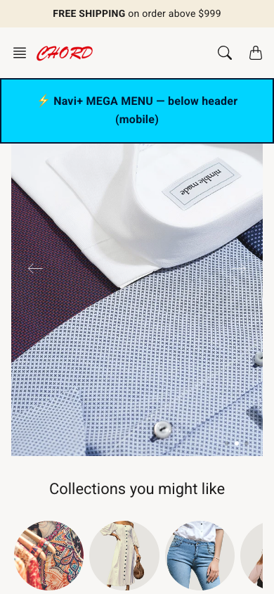 Menu inserted below header — Navi+ on the Chord Shopify theme Menu inserted below header — Navi+ on the Chord Shopify theme