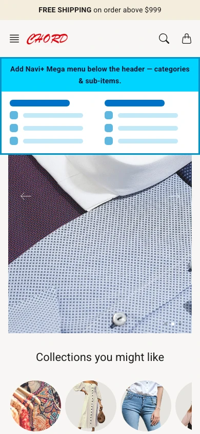 Navi+ mobile Mega Menu on the Chord Shopify theme Navi+ mobile Mega Menu on the Chord Shopify theme