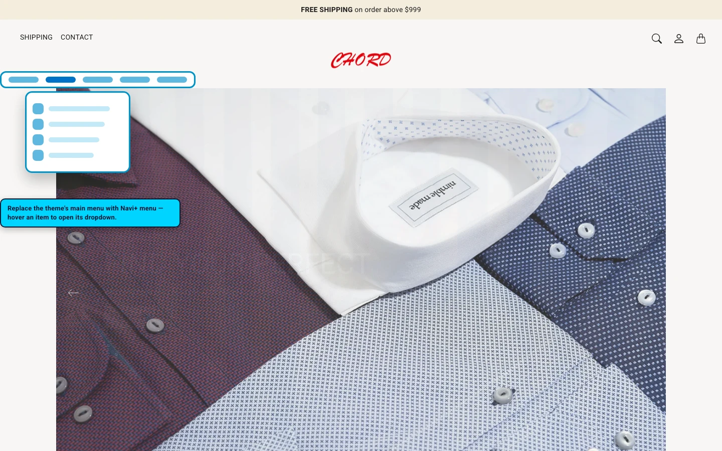 Navi+ Mega Menu replacing the desktop menu on the Chord Shopify theme