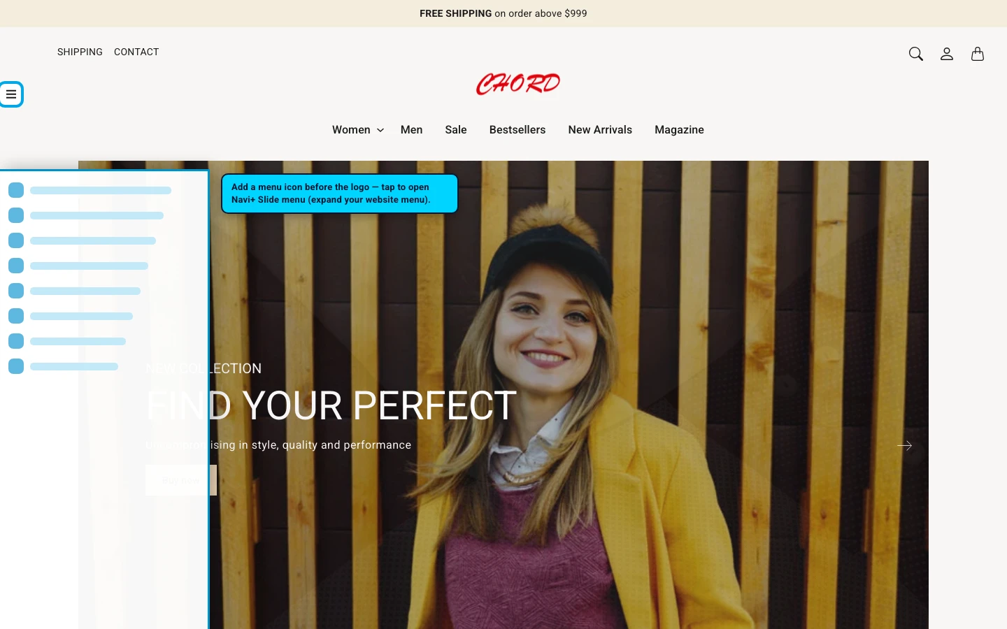 Navi+ trigger icon before the logo on the Chord Shopify theme Navi+ trigger icon before the logo on the Chord Shopify theme