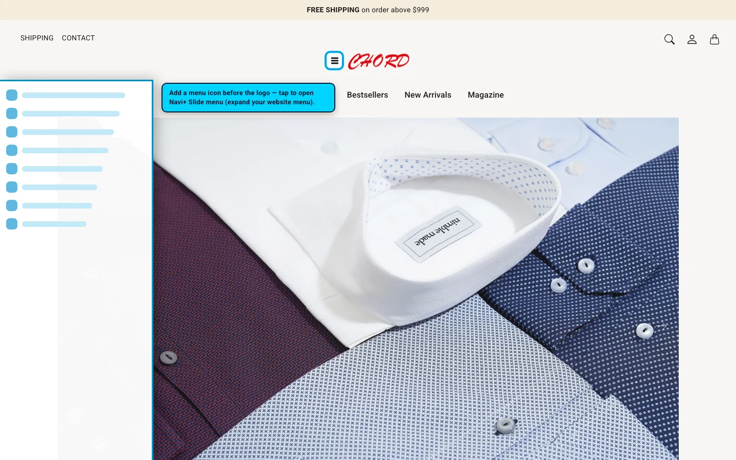 Navi+ trigger icon before the logo on the Chord Shopify theme Navi+ trigger icon before the logo on the Chord Shopify theme