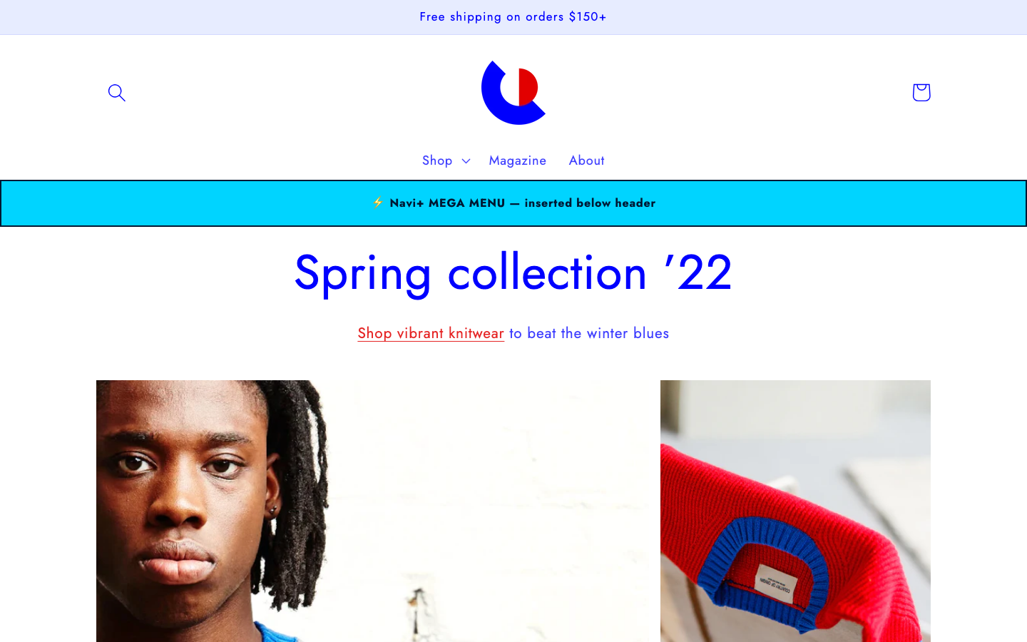 Menu inserted below header — Navi+ on the Colorblock Shopify theme