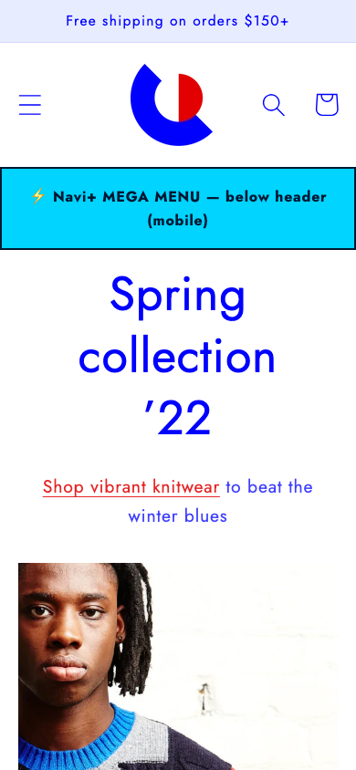 Menu inserted below header — Navi+ on the Colorblock Shopify theme