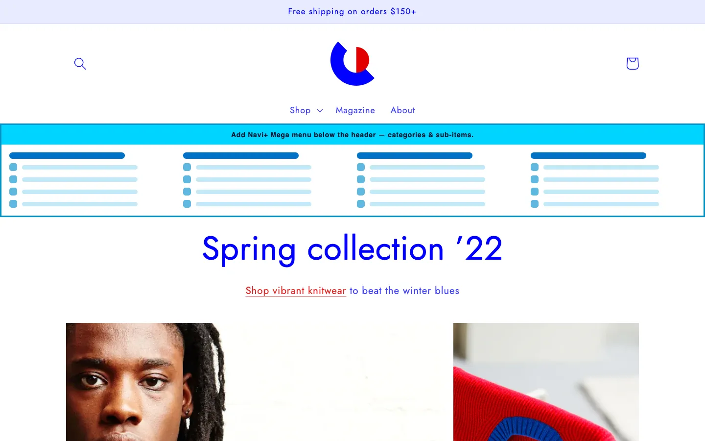 Navi+ Mega Menu inserted below the header on the Colorblock Shopify theme Navi+ Mega Menu inserted below the header on the Colorblock Shopify theme