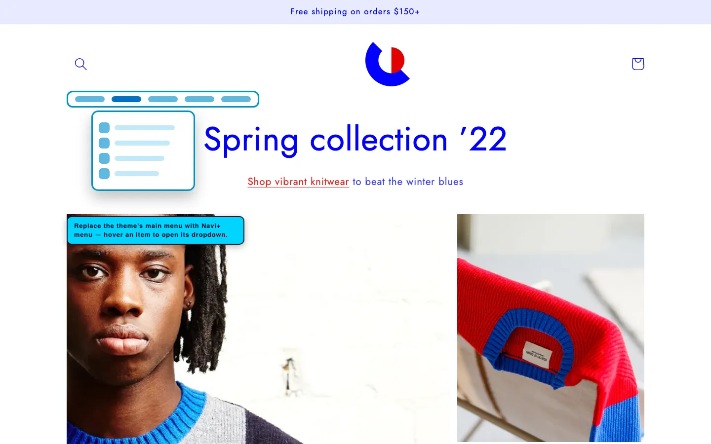 Navi+ Mega Menu replacing the desktop menu on the Colorblock Shopify theme