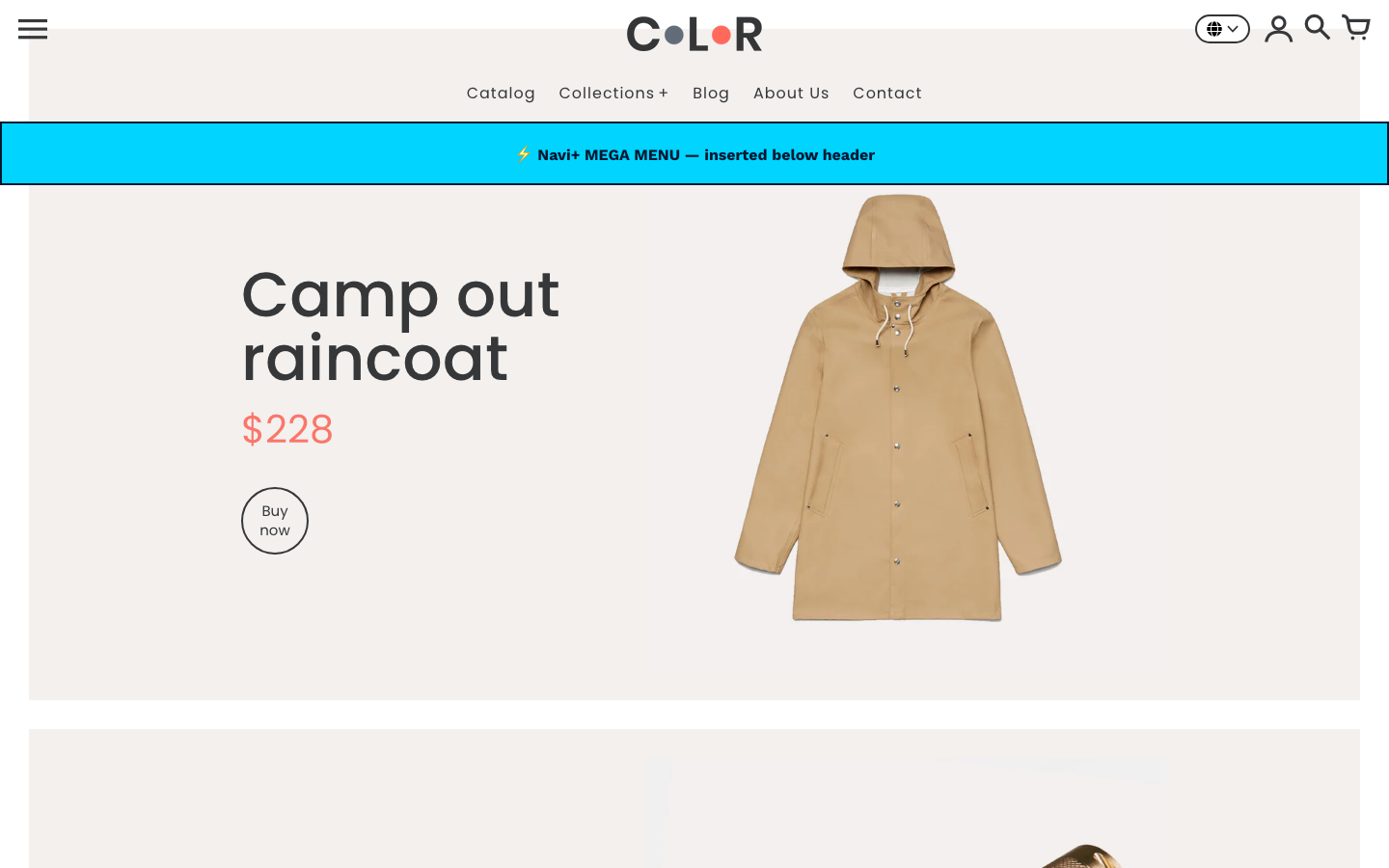 Menu inserted below header — Navi+ on the Colors Shopify theme Menu inserted below header — Navi+ on the Colors Shopify theme