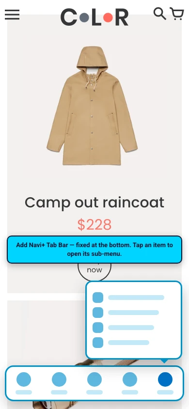 Navi+ Tab Bar on the Colors Shopify theme Navi+ Tab Bar on the Colors Shopify theme