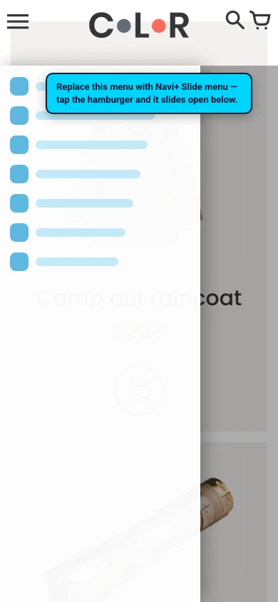 Navi+ Slide Menu on the Colors Shopify theme Navi+ Slide Menu on the Colors Shopify theme