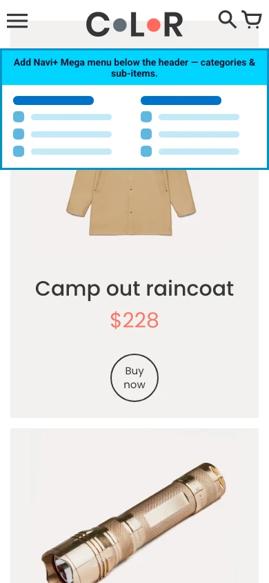 Navi+ mobile Mega Menu on the Colors Shopify theme Navi+ mobile Mega Menu on the Colors Shopify theme