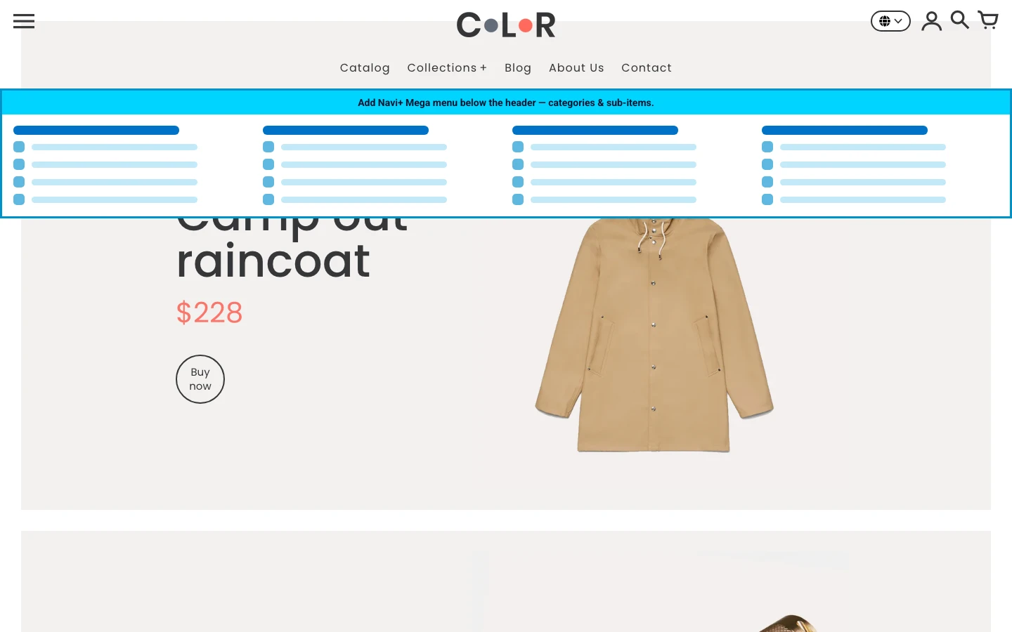 Navi+ Mega Menu inserted below the header on the Colors Shopify theme Navi+ Mega Menu inserted below the header on the Colors Shopify theme