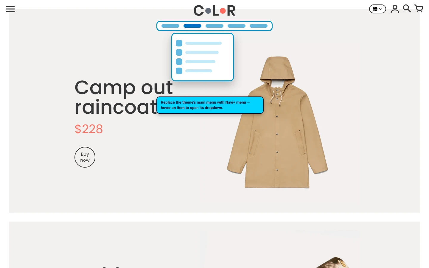 Navi+ Mega Menu replacing the desktop menu on the Colors Shopify theme Navi+ Mega Menu replacing the desktop menu on the Colors Shopify theme