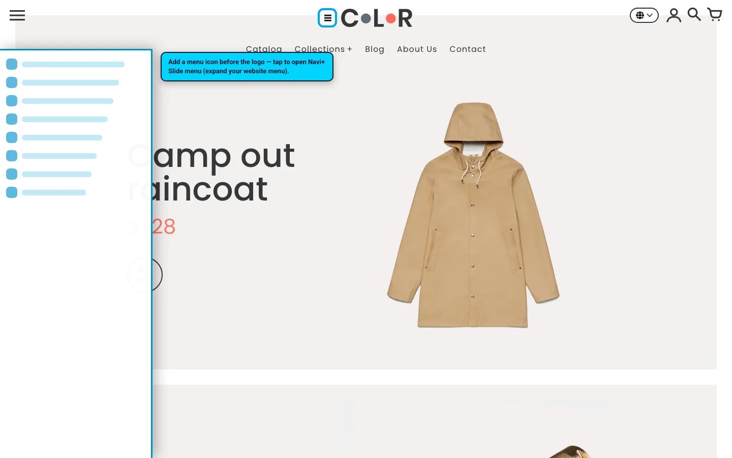 Navi+ trigger icon before the logo on the Colors Shopify theme Navi+ trigger icon before the logo on the Colors Shopify theme