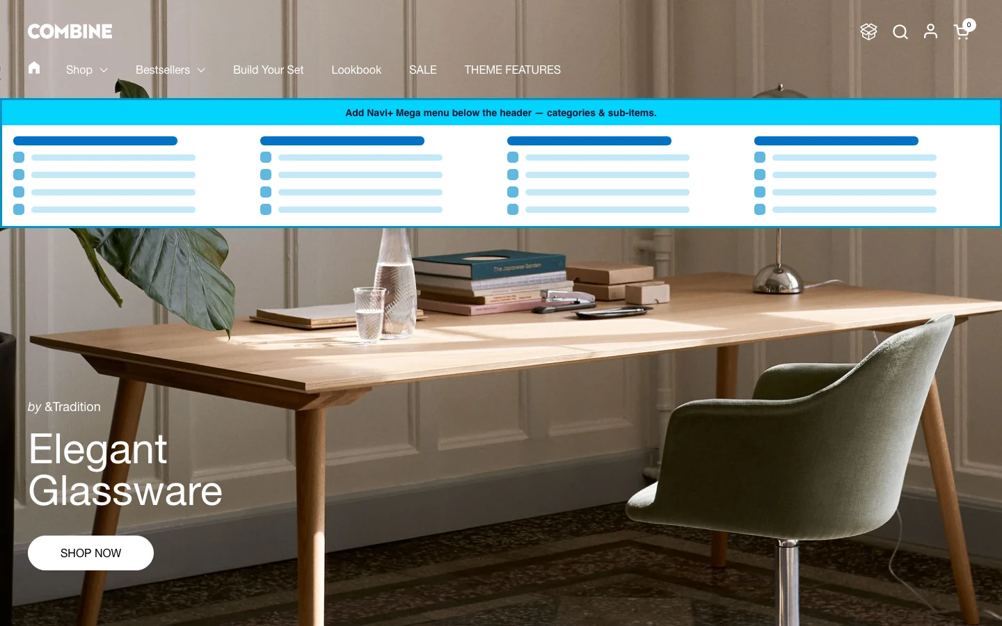 Navi+ Mega Menu inserted below the header on the Combine Shopify theme Navi+ Mega Menu inserted below the header on the Combine Shopify theme