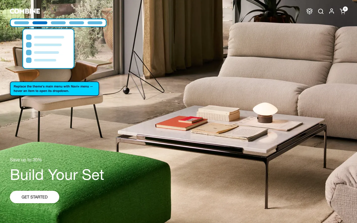 Navi+ Mega Menu replacing the desktop menu on the Combine Shopify theme Navi+ Mega Menu replacing the desktop menu on the Combine Shopify theme