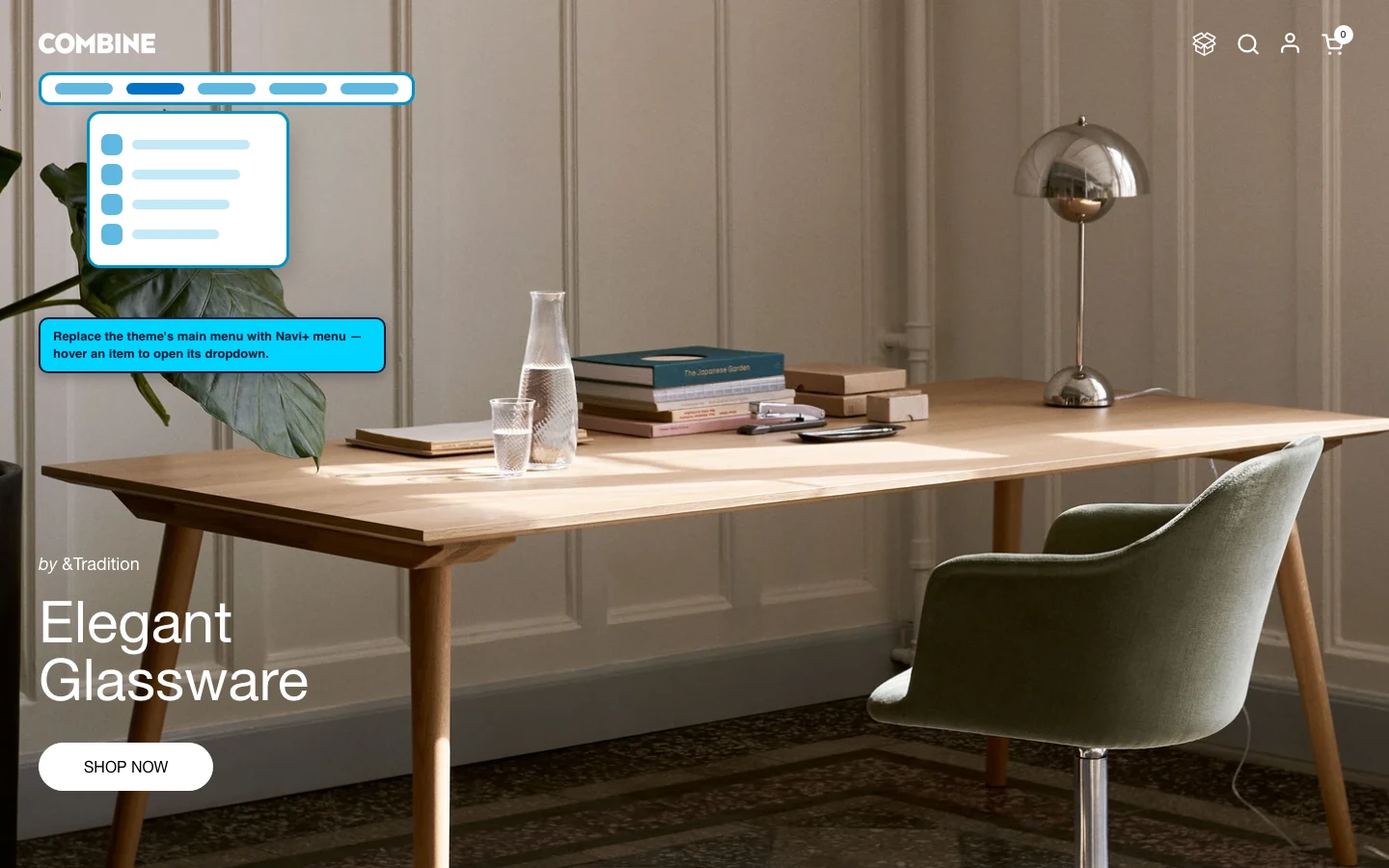Navi+ Mega Menu replacing the desktop menu on the Combine Shopify theme Navi+ Mega Menu replacing the desktop menu on the Combine Shopify theme