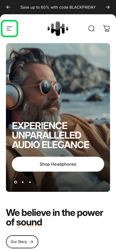 Hamburger → panel opened — Navi+ on the Concept Shopify theme
