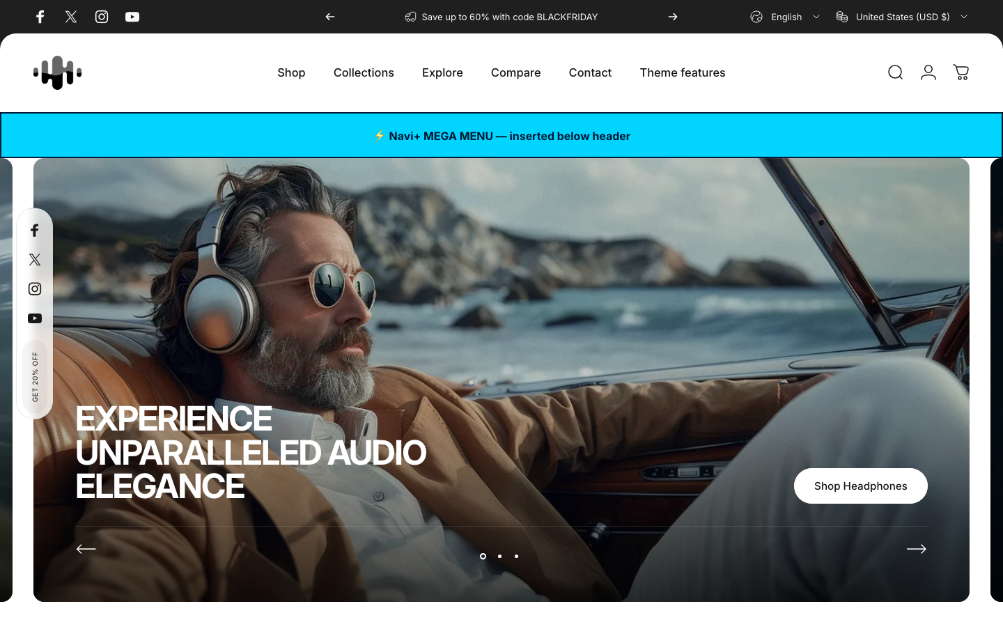 Menu inserted below header — Navi+ on the Concept Shopify theme