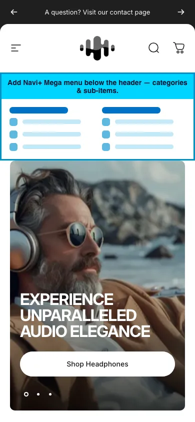 Navi+ mobile Mega Menu on the Concept Shopify theme Navi+ mobile Mega Menu on the Concept Shopify theme