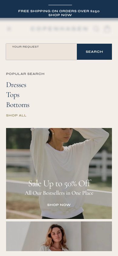 Search → panel opened — Navi+ on the Copenhagen Shopify theme