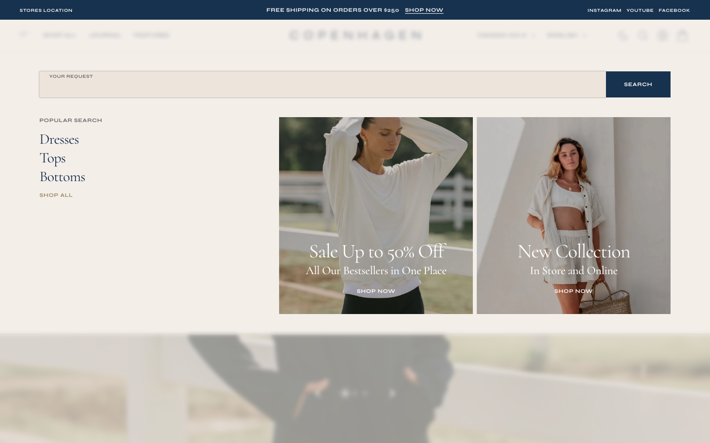 Search → panel opened — Navi+ on the Copenhagen Shopify theme