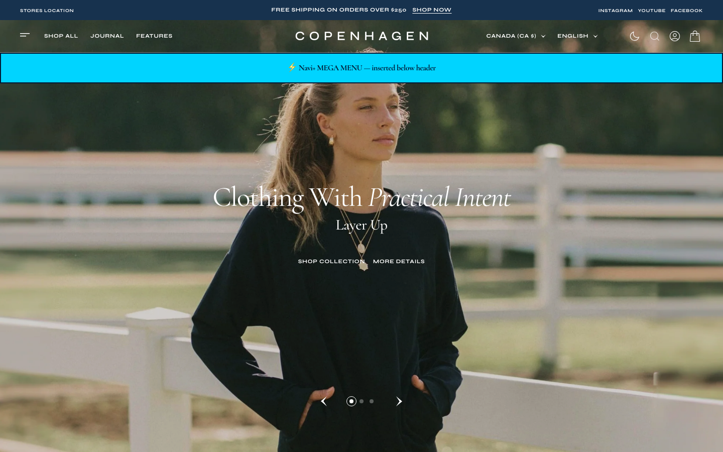 Menu inserted below header — Navi+ on the Copenhagen Shopify theme
