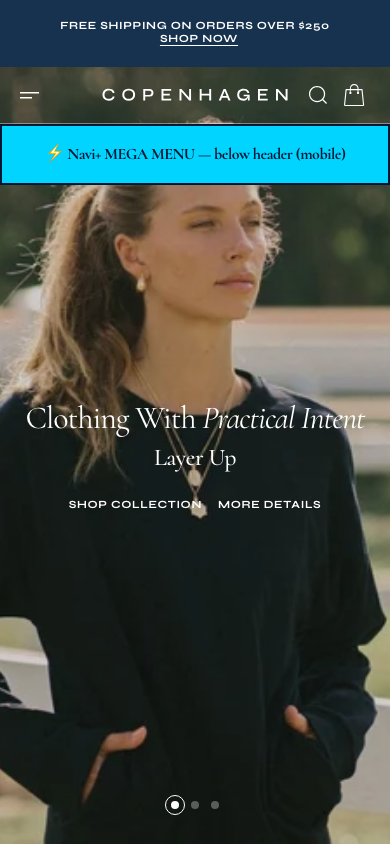 Menu inserted below header — Navi+ on the Copenhagen Shopify theme