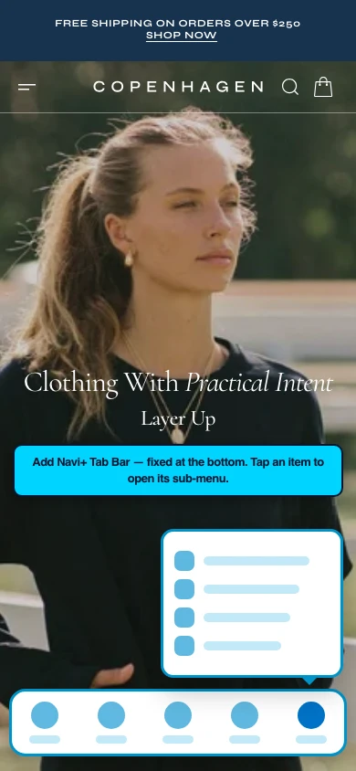 Navi+ Tab Bar on the Copenhagen Shopify theme