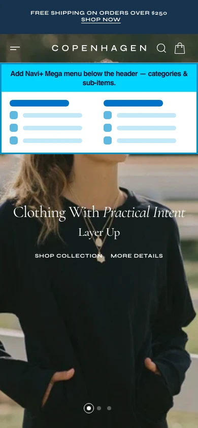 Navi+ mobile Mega Menu on the Copenhagen Shopify theme