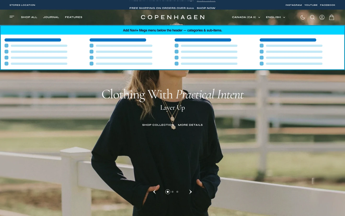 Navi+ Mega Menu inserted below the header on the Copenhagen Shopify theme