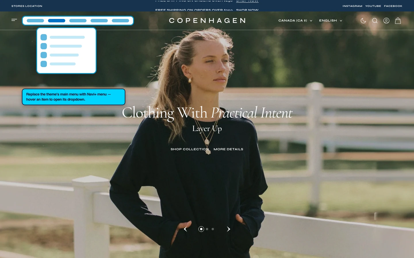Navi+ Mega Menu replacing the desktop menu on the Copenhagen Shopify theme