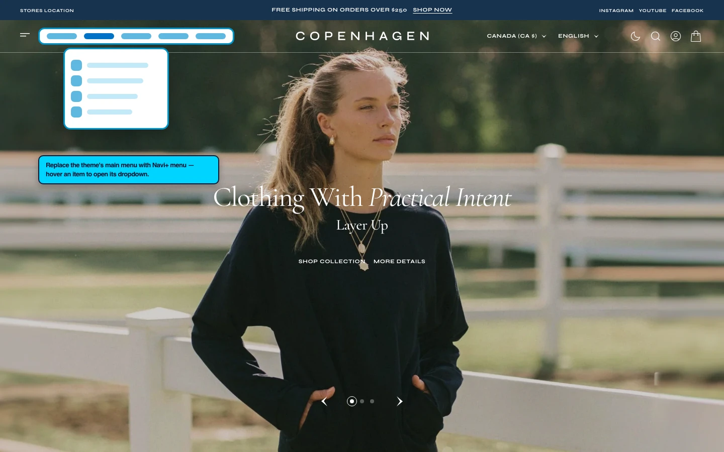 Navi+ Mega Menu replacing the desktop menu on the Copenhagen Shopify theme Navi+ Mega Menu replacing the desktop menu on the Copenhagen Shopify theme