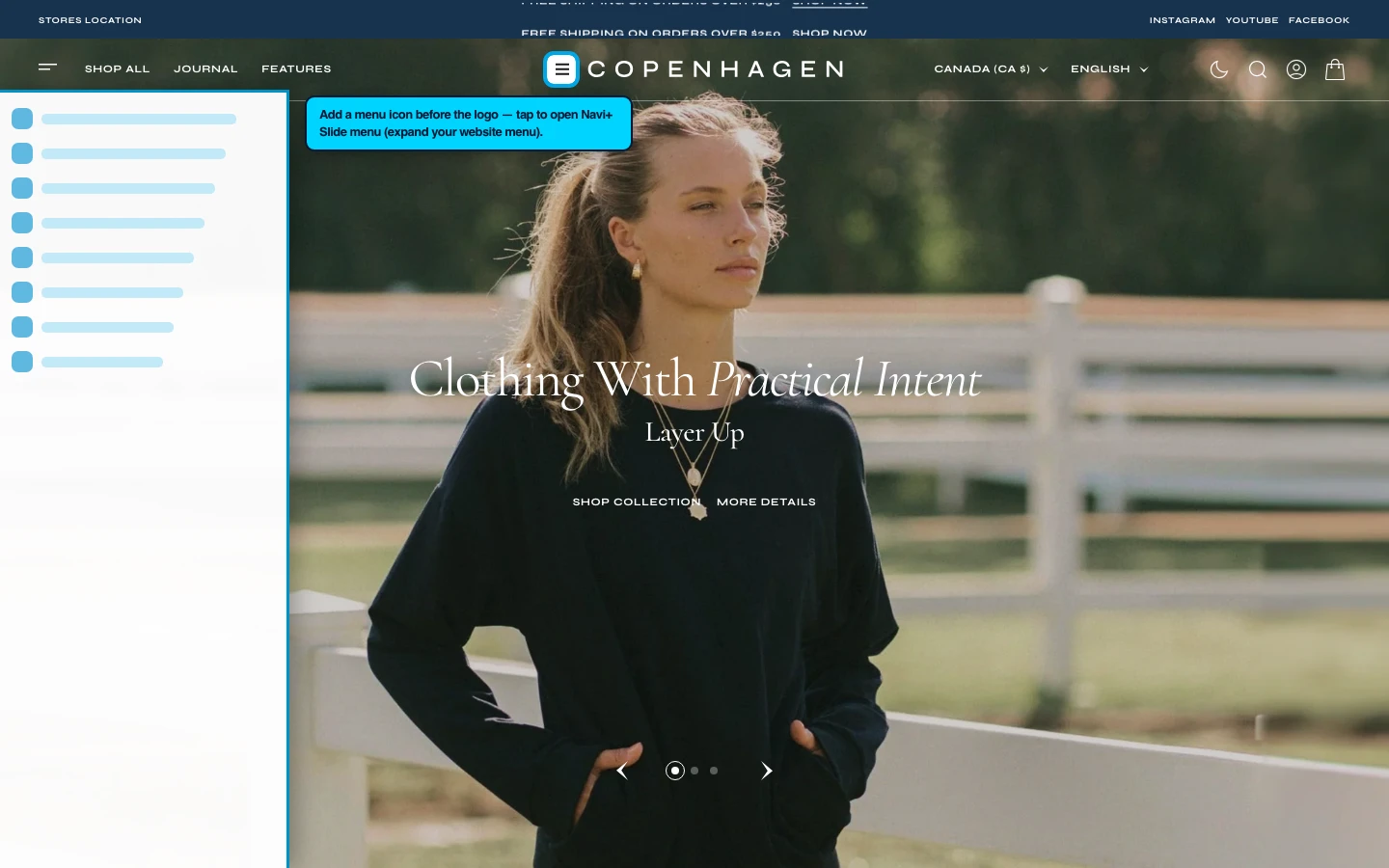 Navi+ trigger icon before the logo on the Copenhagen Shopify theme