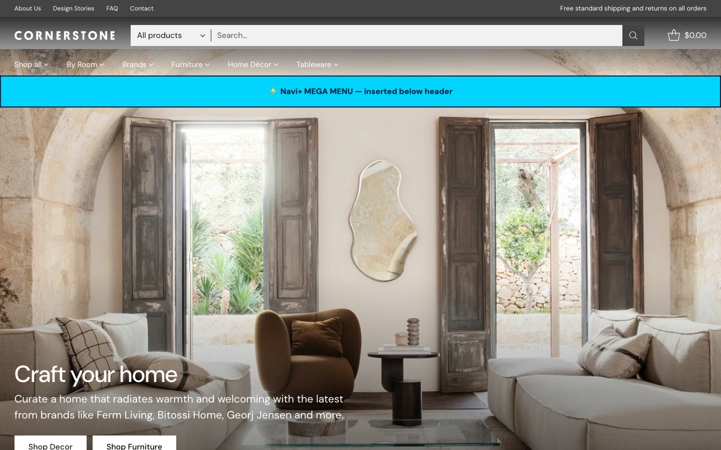 Menu inserted below header — Navi+ on the Cornerstone Shopify theme Menu inserted below header — Navi+ on the Cornerstone Shopify theme