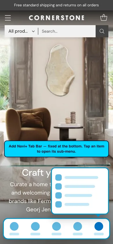 Navi+ Tab Bar on the Cornerstone Shopify theme Navi+ Tab Bar on the Cornerstone Shopify theme