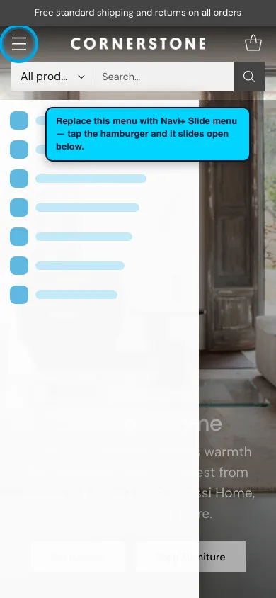 Navi+ Slide Menu on the Cornerstone Shopify theme Navi+ Slide Menu on the Cornerstone Shopify theme