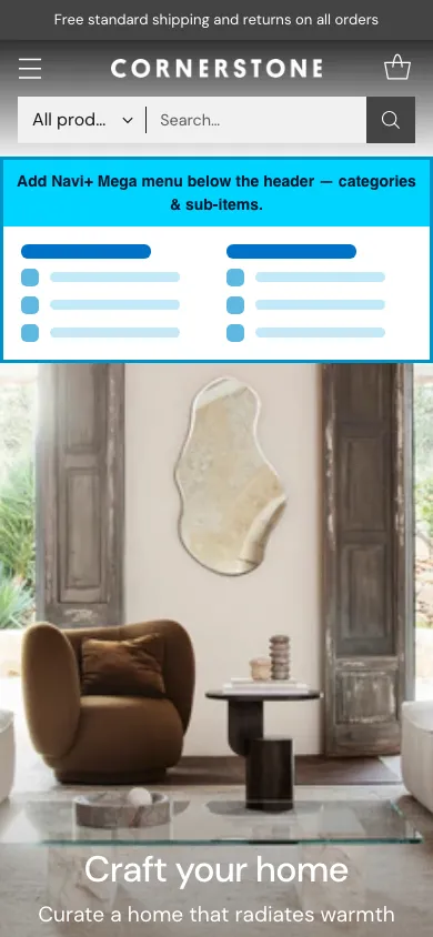 Navi+ mobile Mega Menu on the Cornerstone Shopify theme Navi+ mobile Mega Menu on the Cornerstone Shopify theme